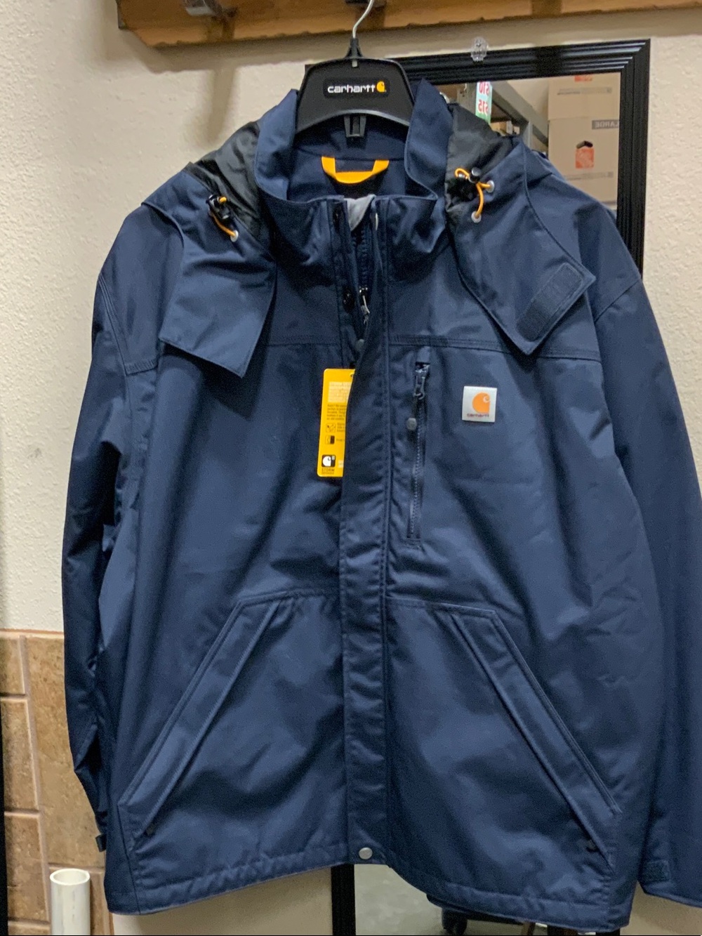 Carhartt Navy Hooded Raincoat with Yellow Accents